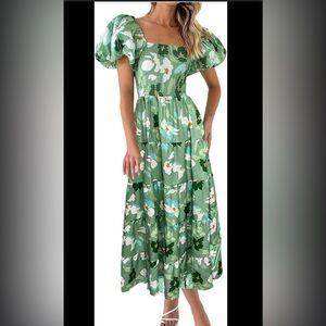 DELI S Puffy Short Sleeve Square Neck Smocked Tiered Ruffle Midi Dress SIZE 8